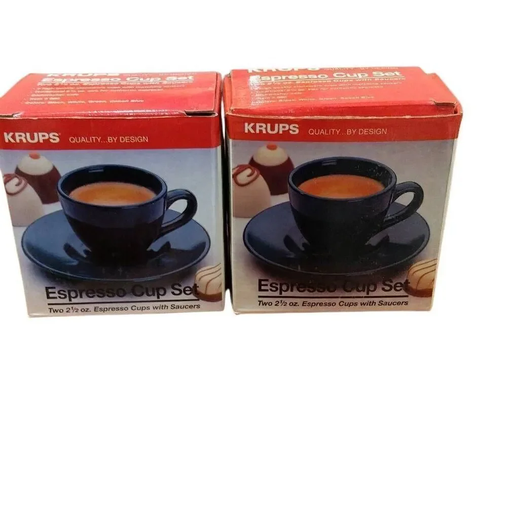 2 Krups Espresso Cup Sets, 4 2 1/2 Espresso Cups with Saucers, White Stoneware.